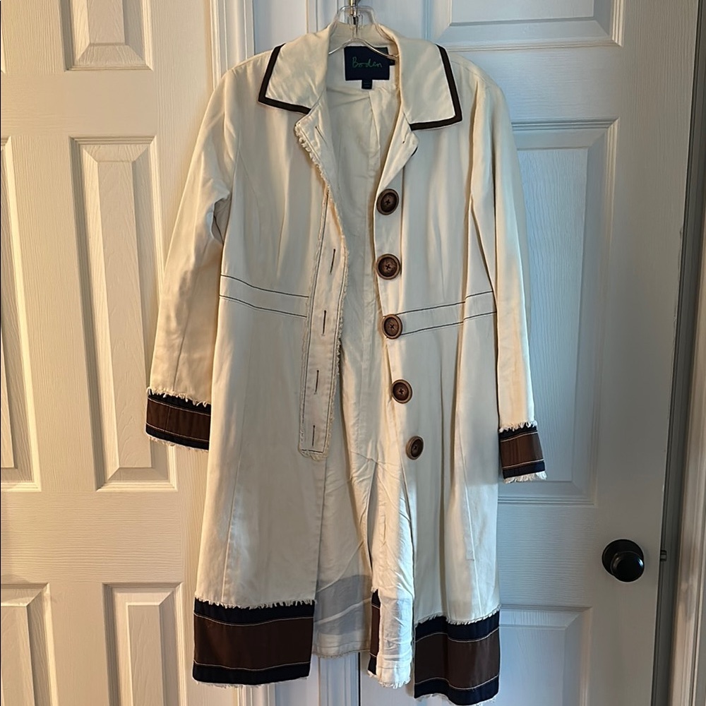 Boden Cream Trench Coat with Brown Trim and Buttons